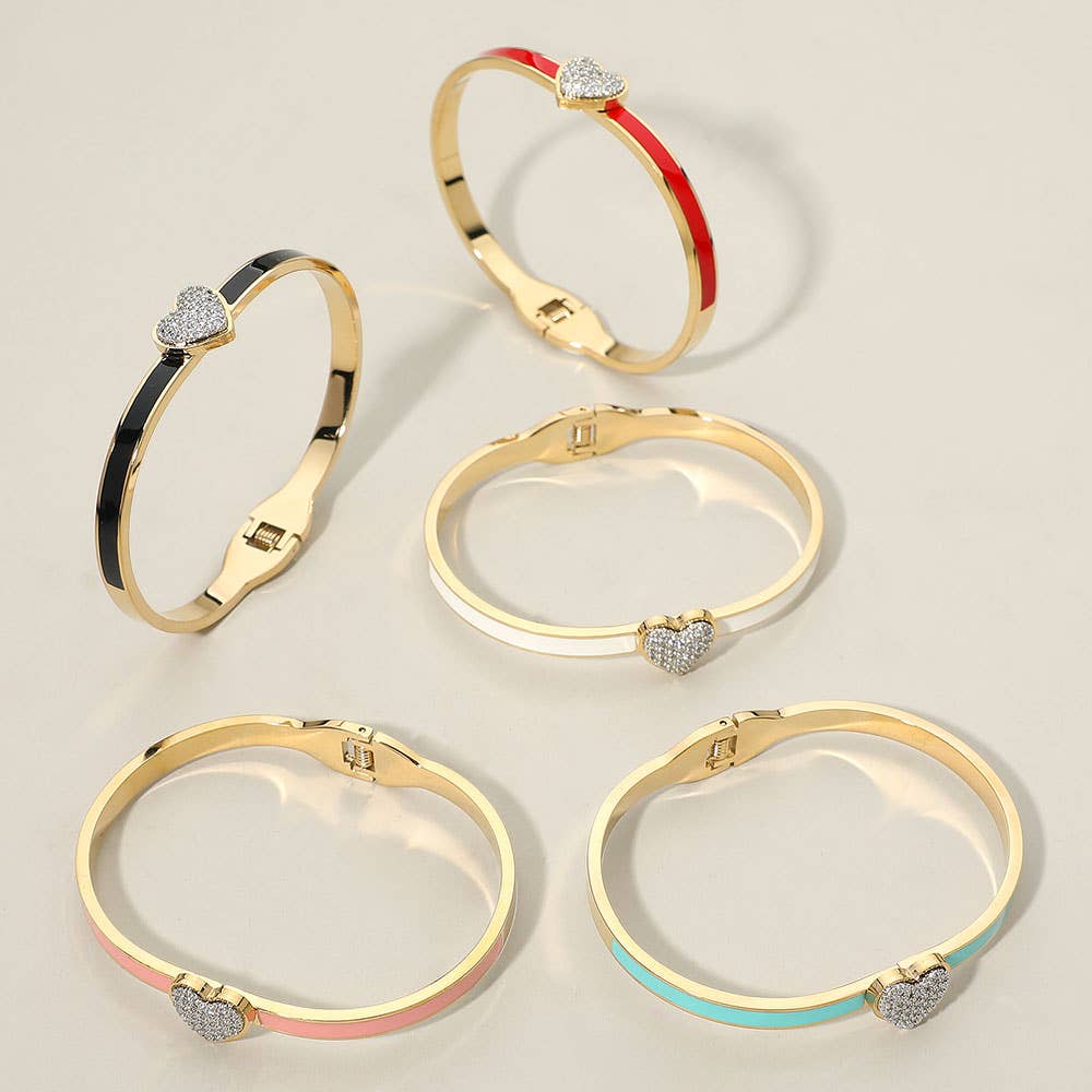 Stainless Steel CZ Stone Paved Heart Accent Hinged Bangle Bracelet