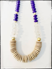 Bicone Wood & Recycled Glass Bead Long Necklace Coconut Wood