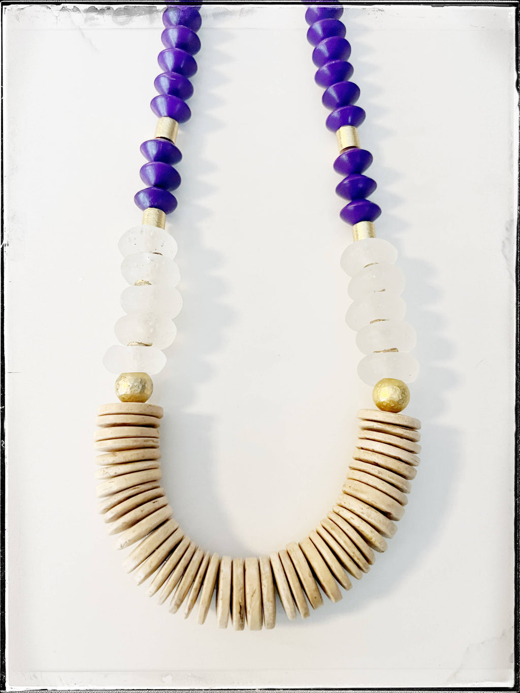 Bicone Wood & Recycled Glass Bead Long Necklace Coconut Wood