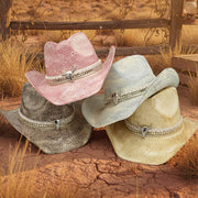 Handmade Vintage Metal Steer Head Accent Multiple Bands Woven Cowboy Hat