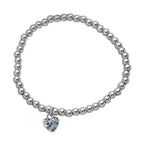 Stainless Steel Paved Heart Charm Beaded Stretch Bracelet