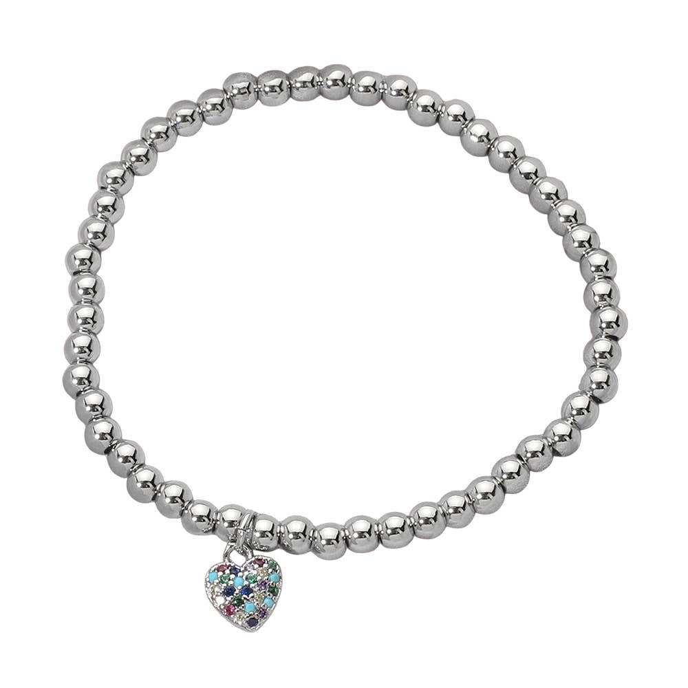 Stainless Steel Paved Heart Charm Beaded Stretch Bracelet