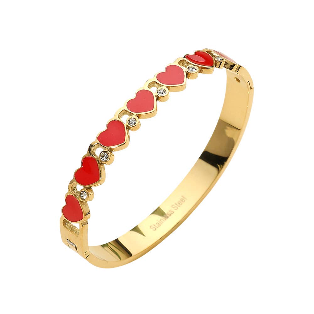 Stainless Steel Enamel Heart CZ Stone Hinged Bangle Bracelet