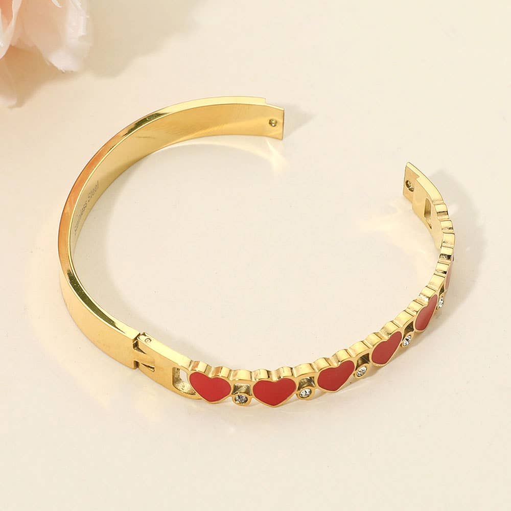 Stainless Steel Enamel Heart CZ Stone Hinged Bangle Bracelet