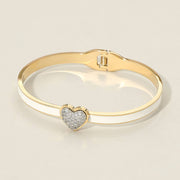Stainless Steel CZ Stone Paved Heart Accent Hinged Bangle Bracelet