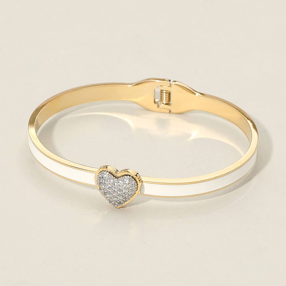 Stainless Steel CZ Stone Paved Heart Accent Hinged Bangle Bracelet