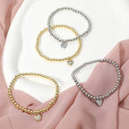 Stainless Steel Paved Heart Charm Beaded Stretch Bracelet