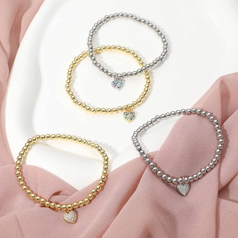 Stainless Steel Paved Heart Charm Beaded Stretch Bracelet