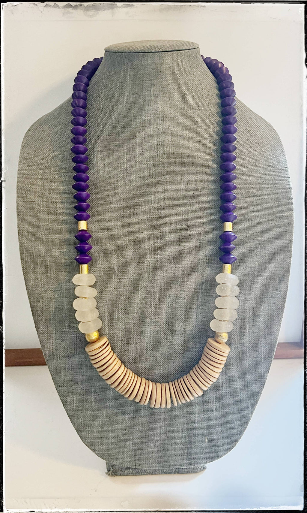 Bicone Wood & Recycled Glass Bead Long Necklace Coconut Wood