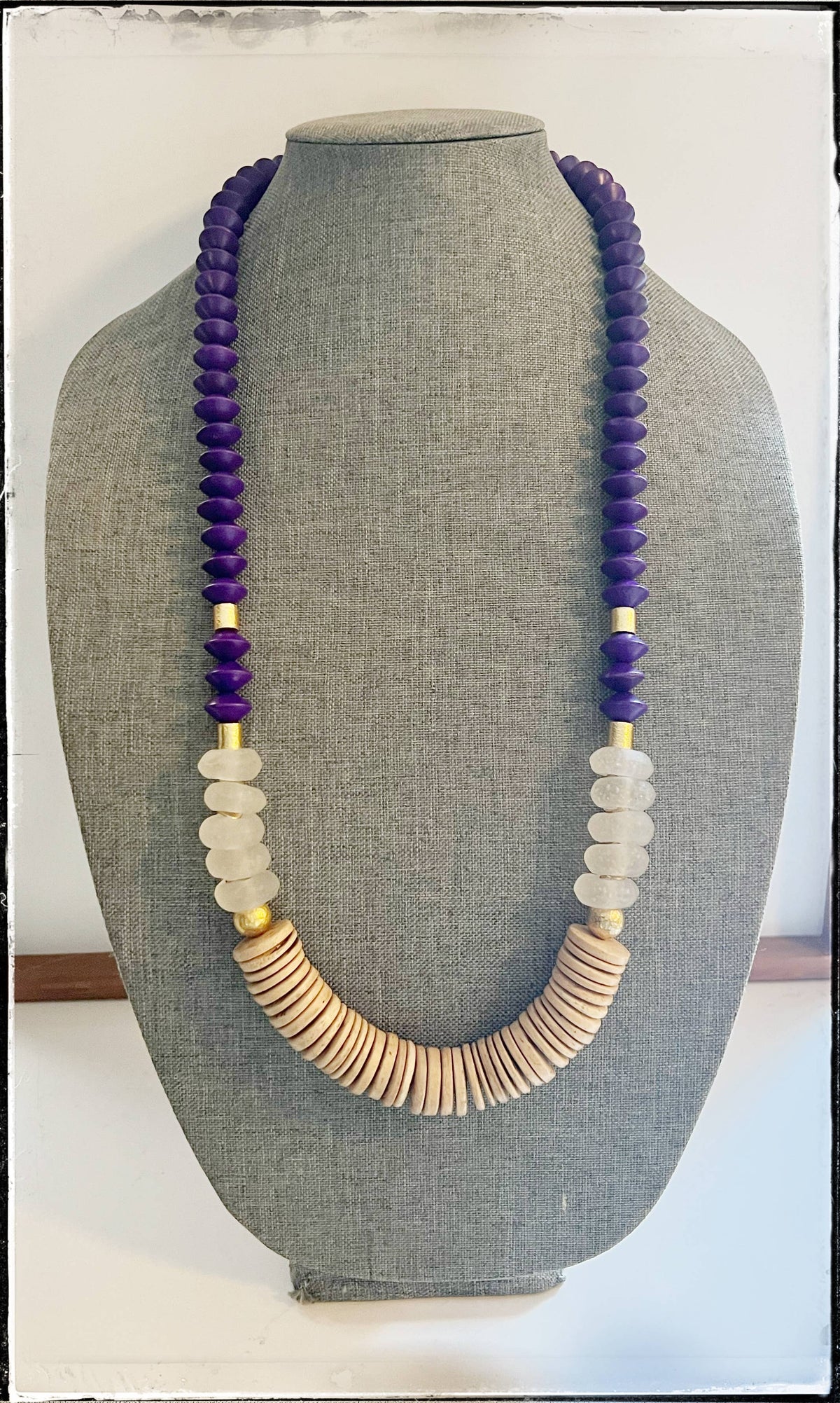 Bicone Wood & Recycled Glass Bead Long Necklace Coconut Wood