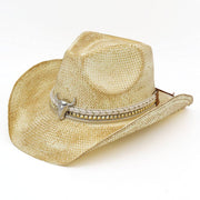 Handmade Vintage Metal Steer Head Accent Multiple Bands Woven Cowboy Hat