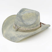 Handmade Vintage Metal Steer Head Accent Multiple Bands Woven Cowboy Hat