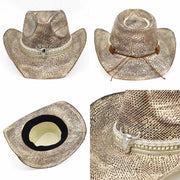 Handmade Vintage Metal Steer Head Accent Multiple Bands Woven Cowboy Hat