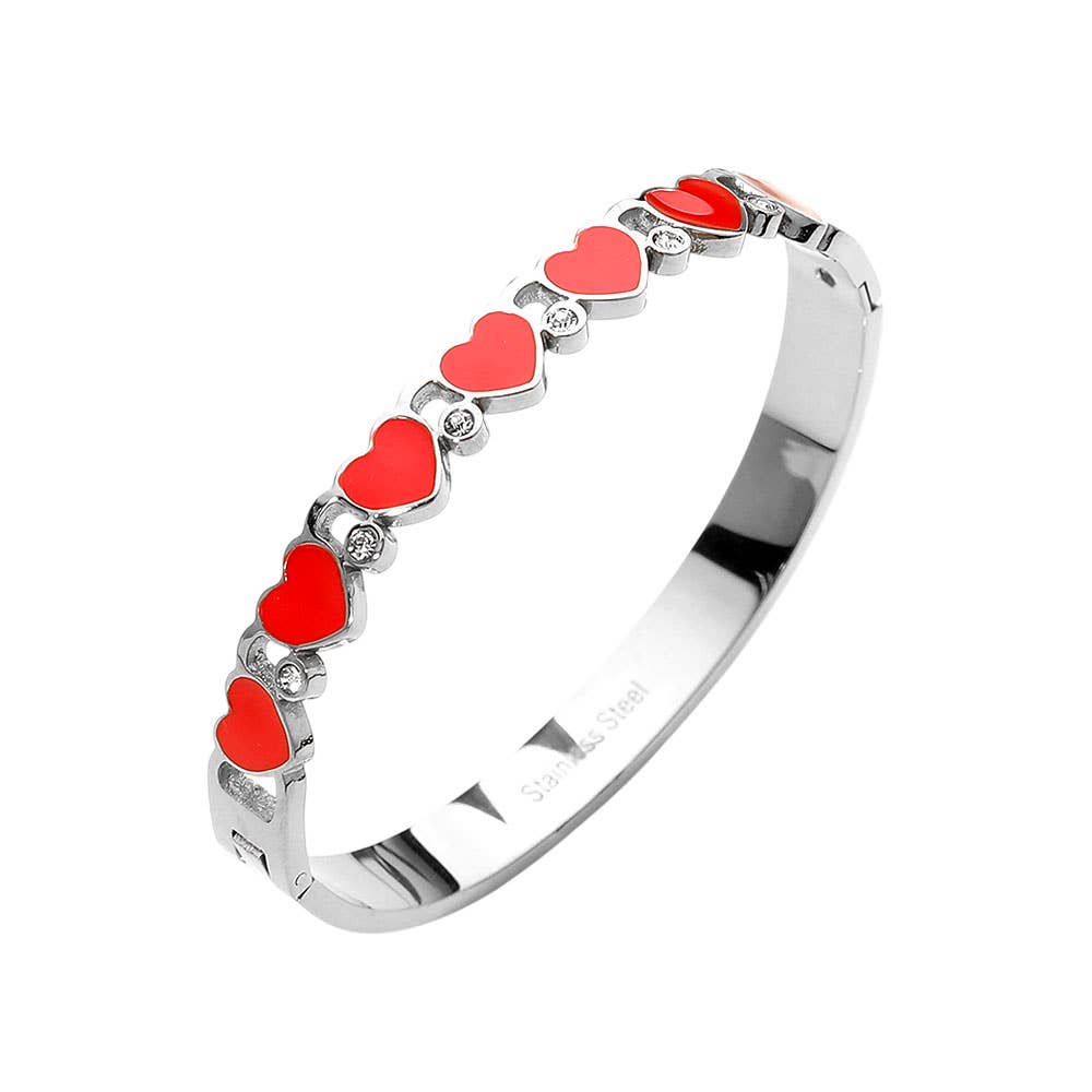 Stainless Steel Enamel Heart CZ Stone Hinged Bangle Bracelet