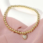 Stainless Steel Paved Heart Charm Beaded Stretch Bracelet