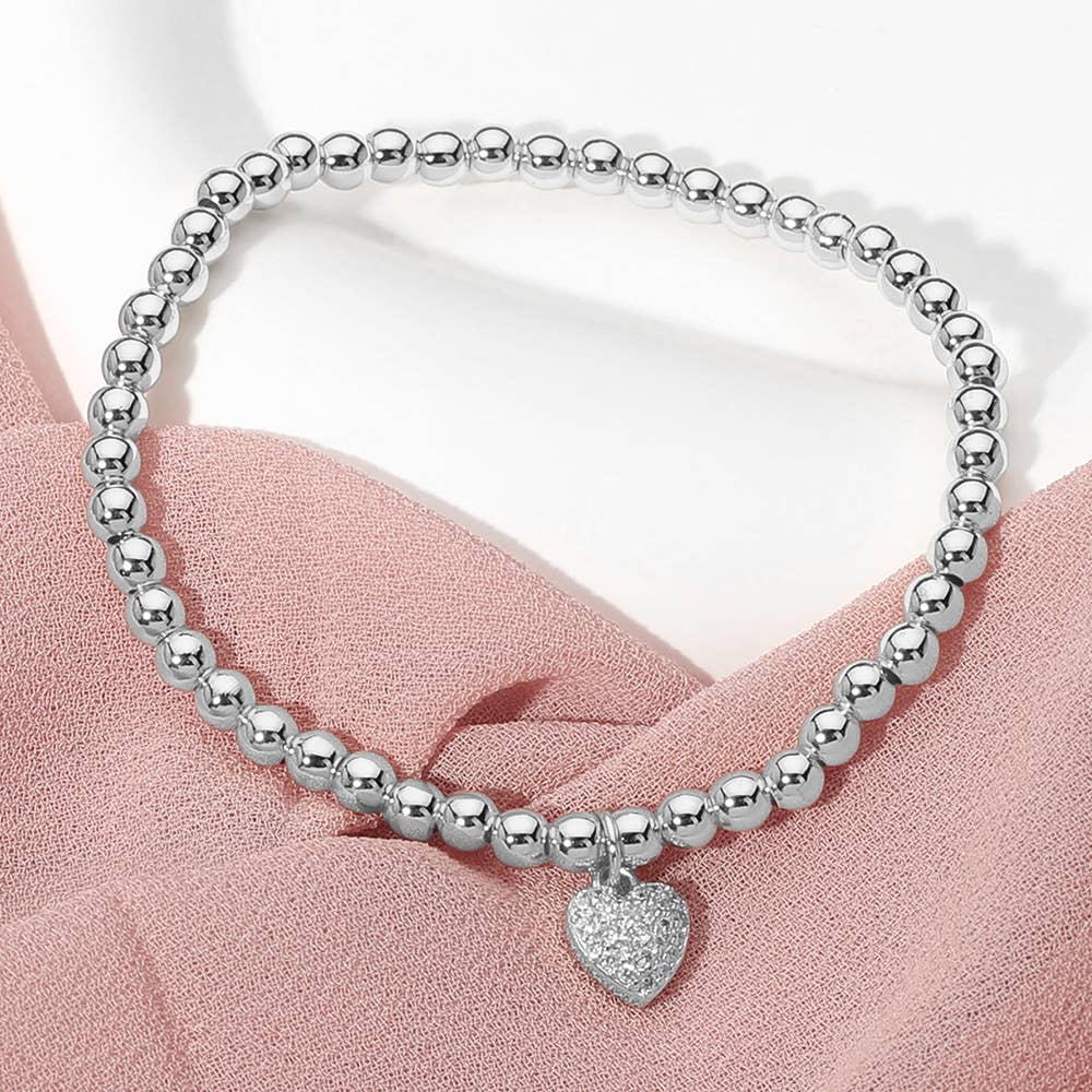 Stainless Steel Paved Heart Charm Beaded Stretch Bracelet