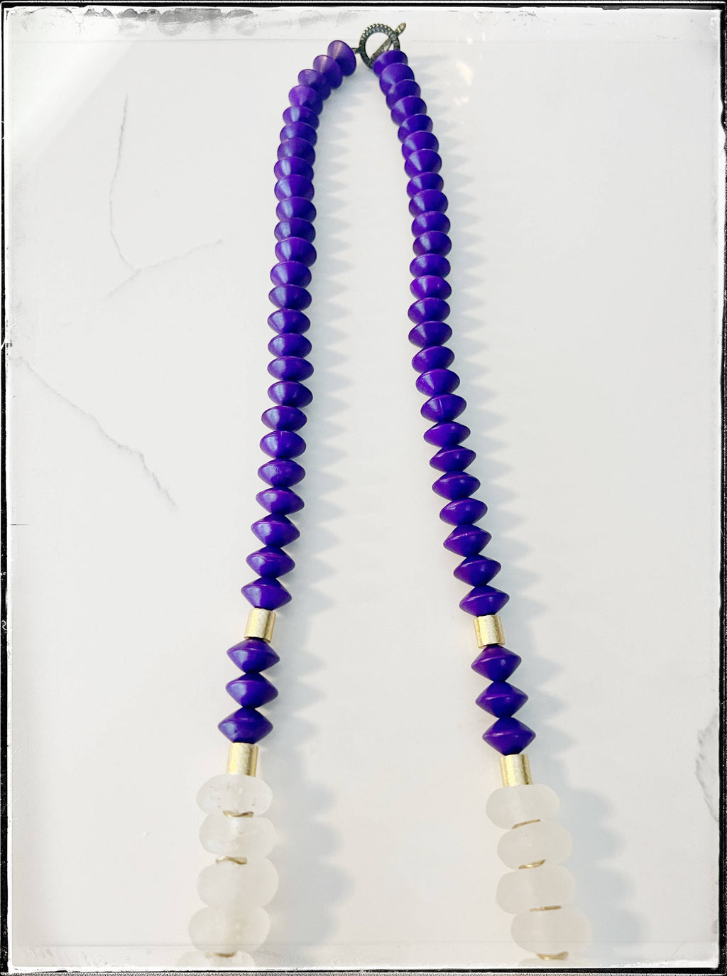Bicone Wood & Recycled Glass Bead Long Necklace Coconut Wood