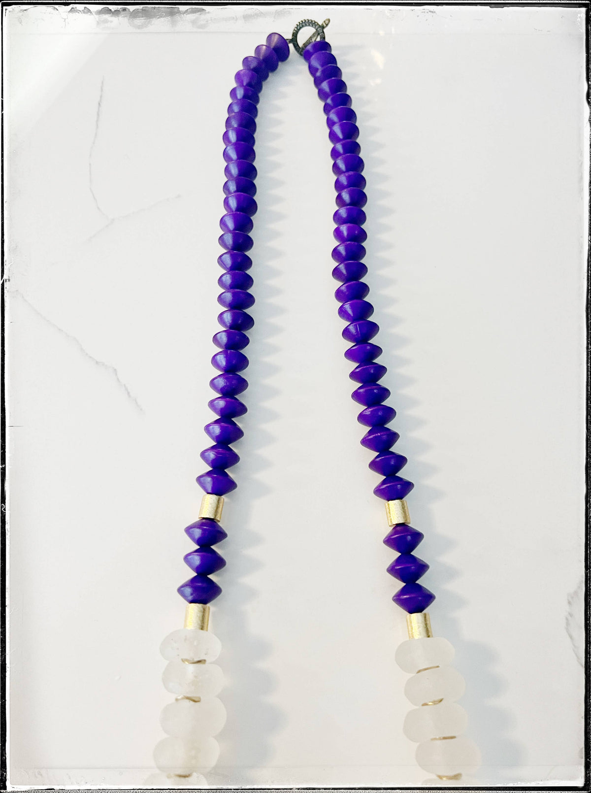 Bicone Wood & Recycled Glass Bead Long Necklace Coconut Wood