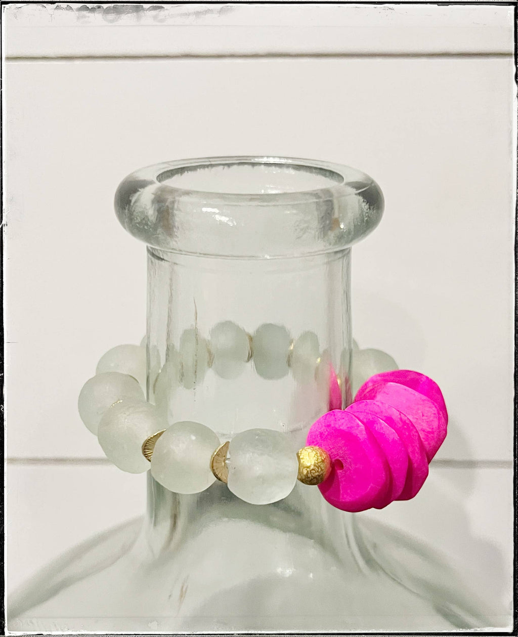 African Bone & Recycled Glass Bead Stretch Bracelet- Pink