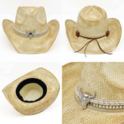 Handmade Vintage Metal Steer Head Accent Multiple Bands Woven Cowboy Hat