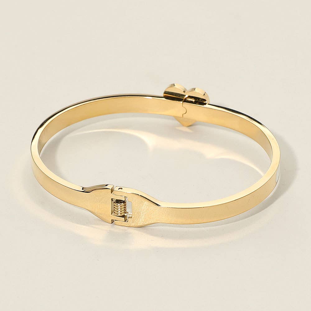 Stainless Steel CZ Stone Paved Heart Accent Hinged Bangle Bracelet