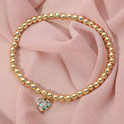 Stainless Steel Paved Heart Charm Beaded Stretch Bracelet