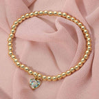 Stainless Steel Paved Heart Charm Beaded Stretch Bracelet