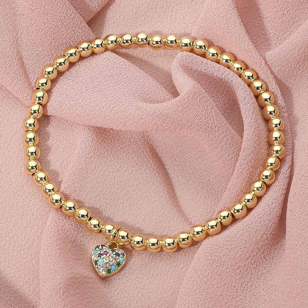 Stainless Steel Paved Heart Charm Beaded Stretch Bracelet