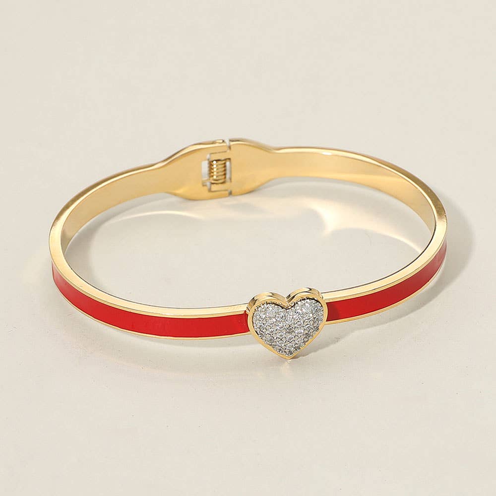 Stainless Steel CZ Stone Paved Heart Accent Hinged Bangle Bracelet