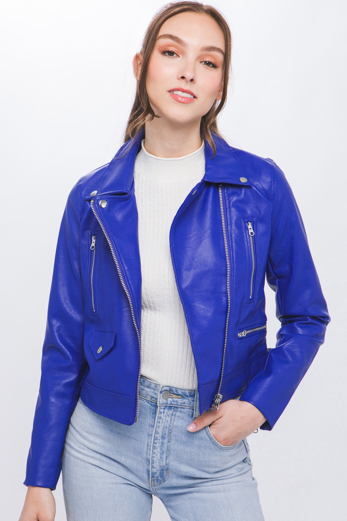 Alli Faux Leather Moto Jacket in Royal