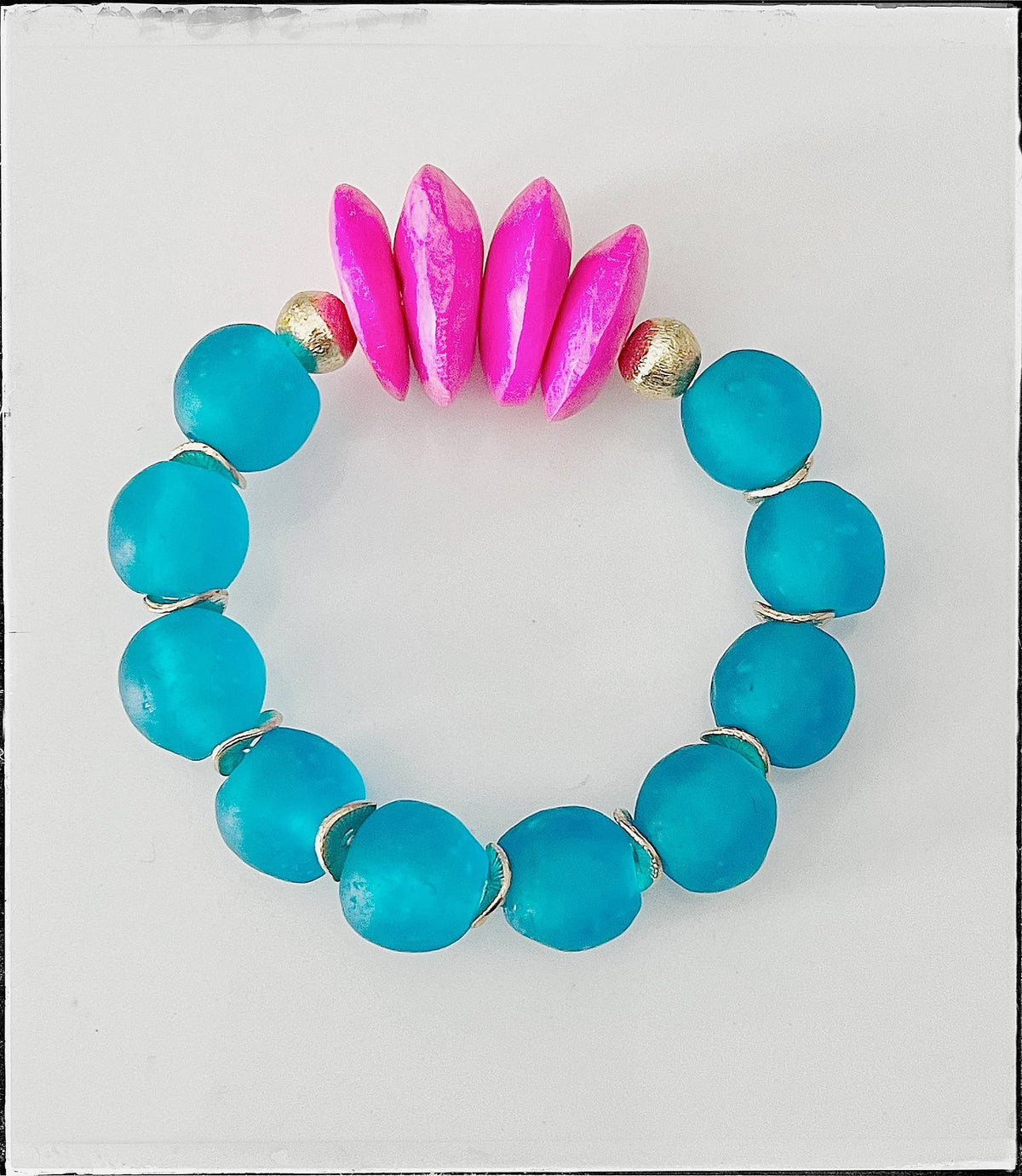 African Bone Recycled Glass Bead Stretch Bracelet Pink Blue 