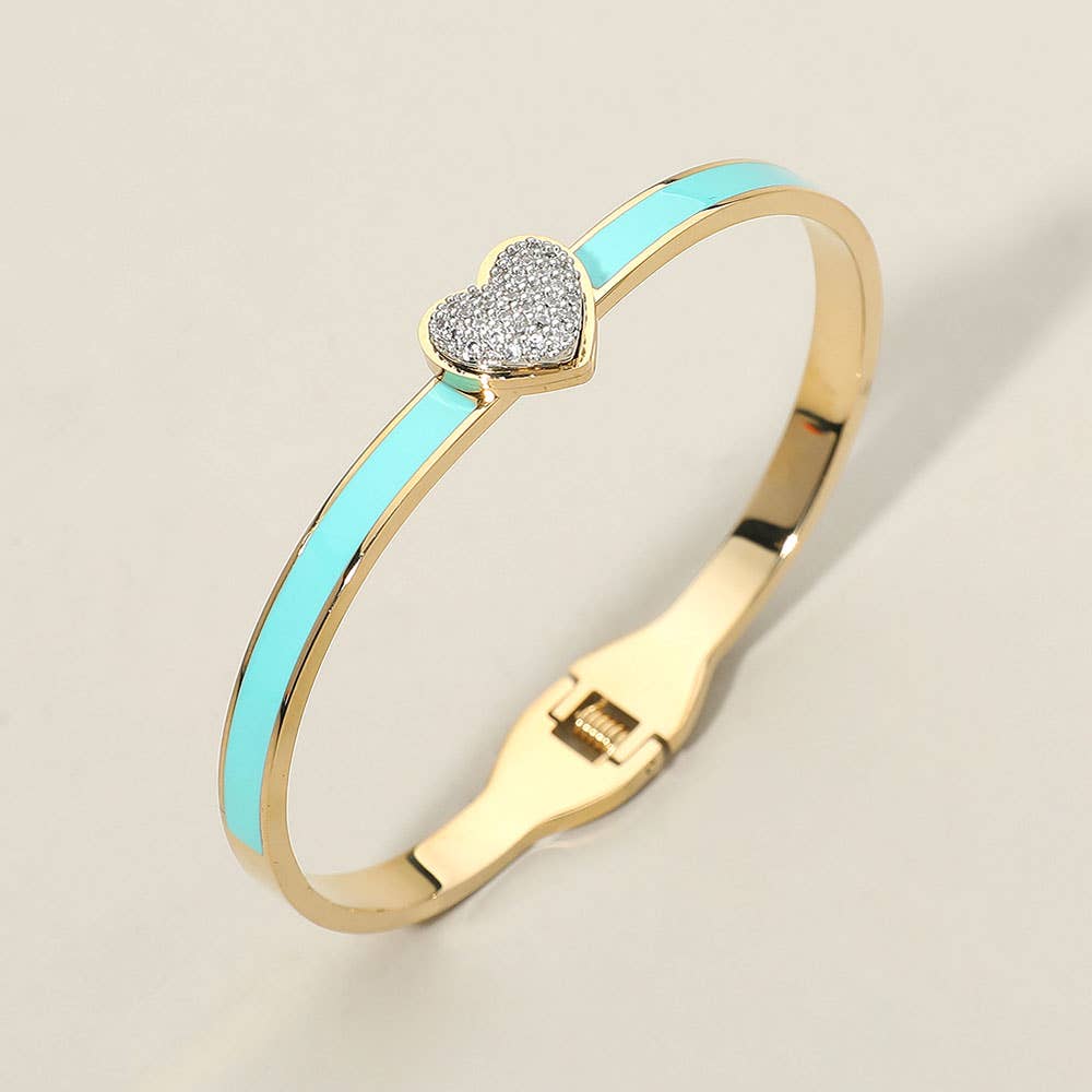 Stainless Steel CZ Stone Paved Heart Accent Hinged Bangle Bracelet