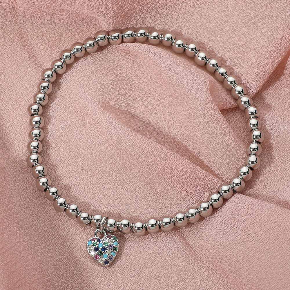 Stainless Steel Paved Heart Charm Beaded Stretch Bracelet