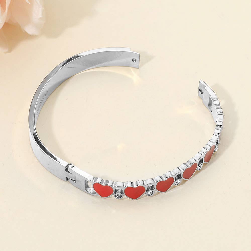 Stainless Steel Enamel Heart CZ Stone Hinged Bangle Bracelet