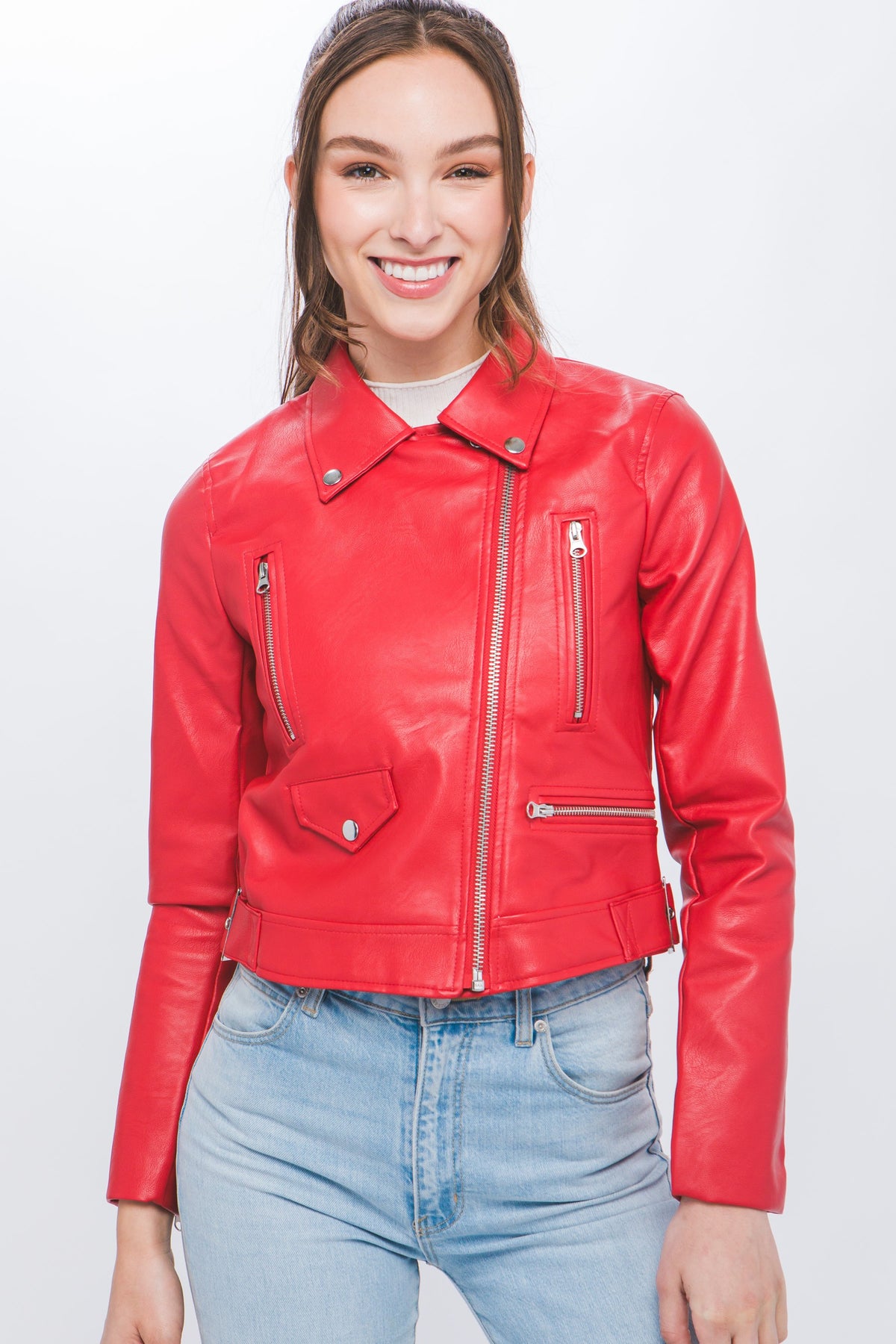 Alli Faux Leather Moto Jacket in Red